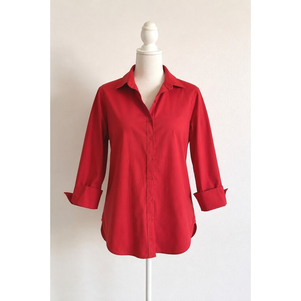 Chicos Wrinkle Resistant Button Down Shirt 1.5 (10) Red 3/4 Cuffed Sleeve